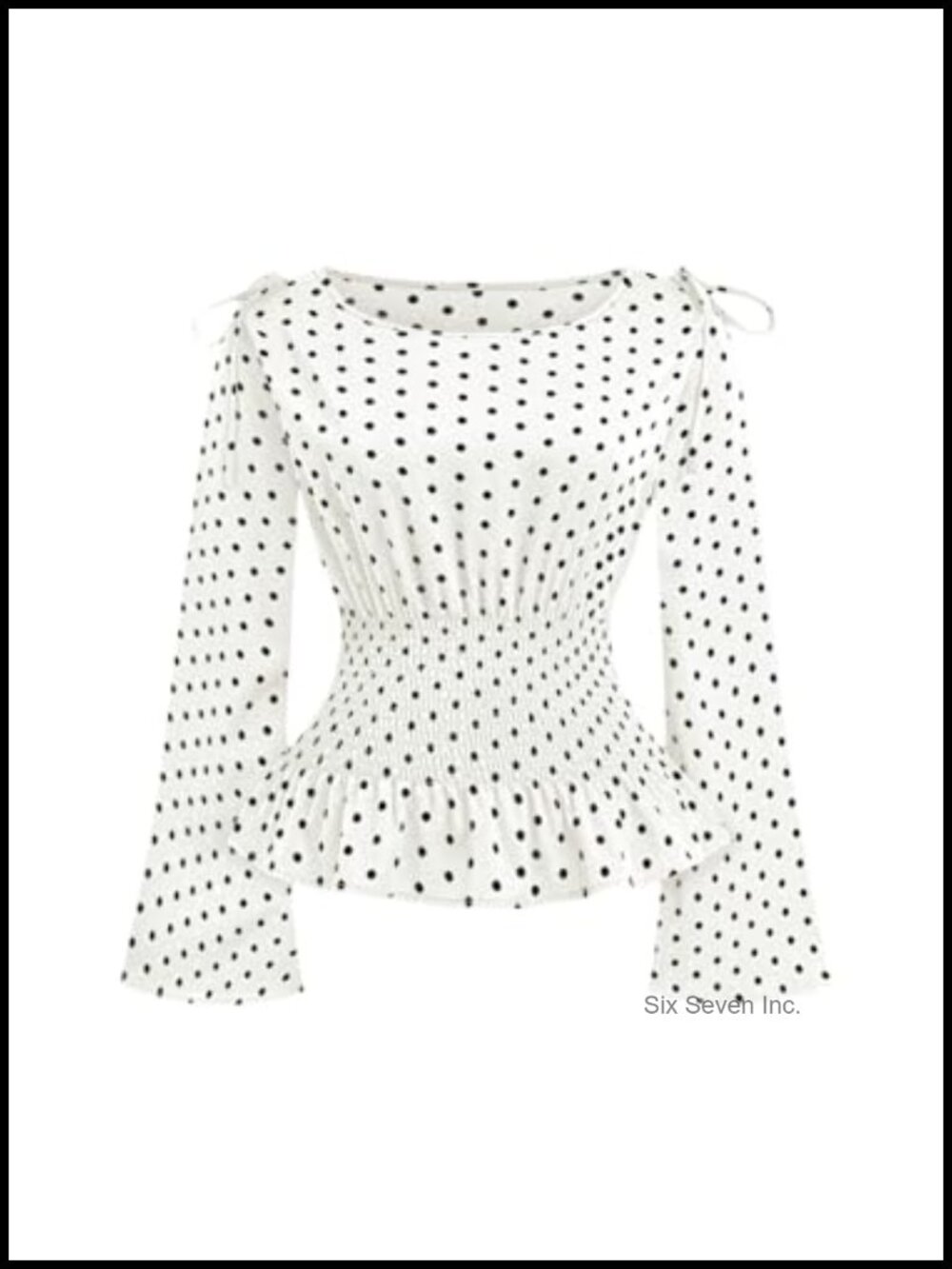 Plus Size Polka Dot Ruffle Peplum Blouse Bow Smocked Long Sleeve Top